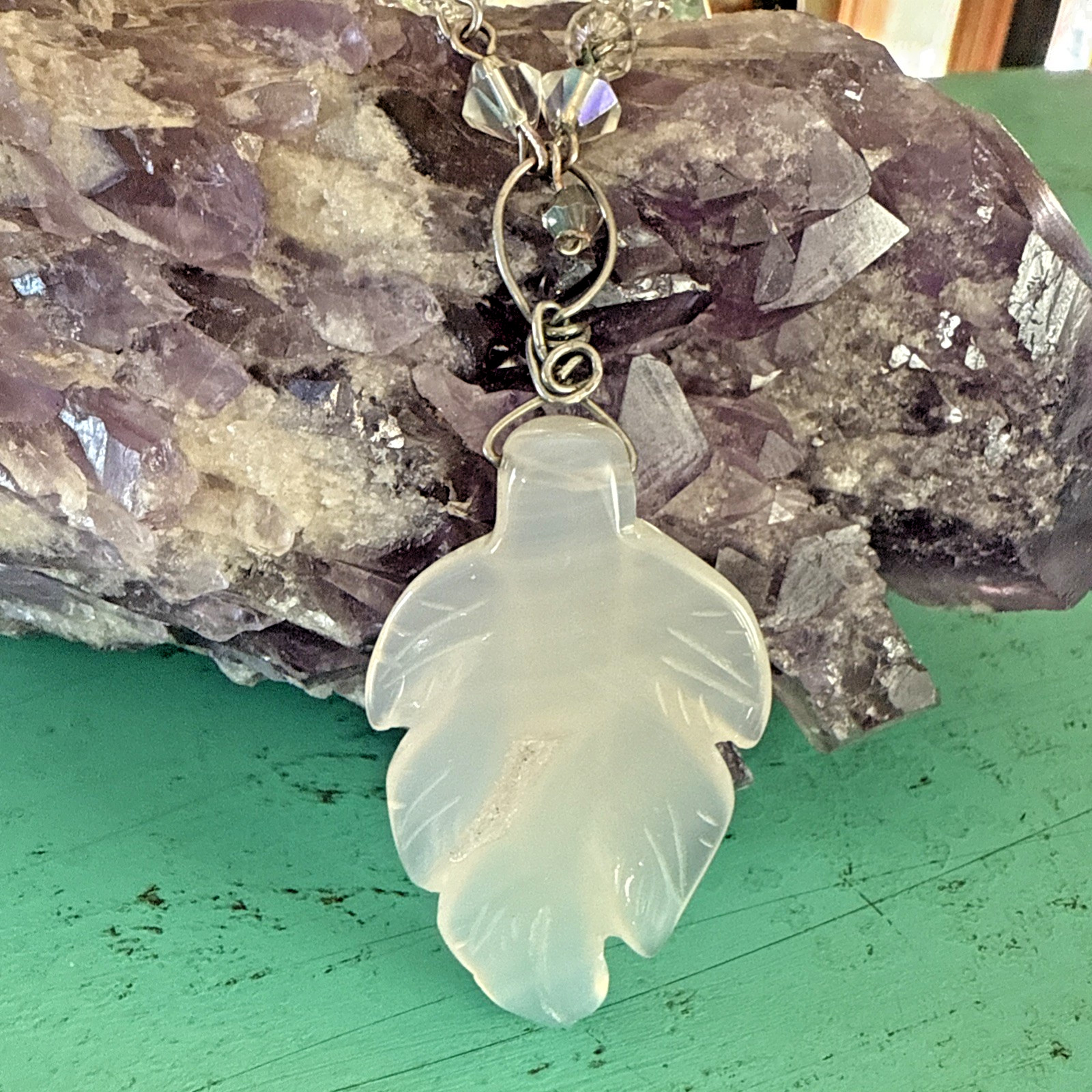 VTG Y2K NECKLACE Layer AGATE LEAF GEODE CRYSTALS AB Boho Hippie Gypsy Wedding