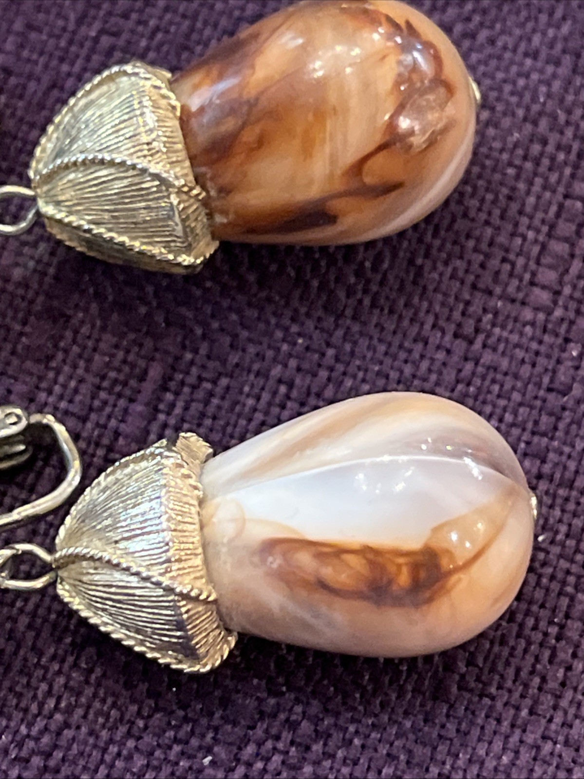 Vintage Classic Coro Dangle Drop Pearl Cabochon Swirled Lucite Clip On Earrings