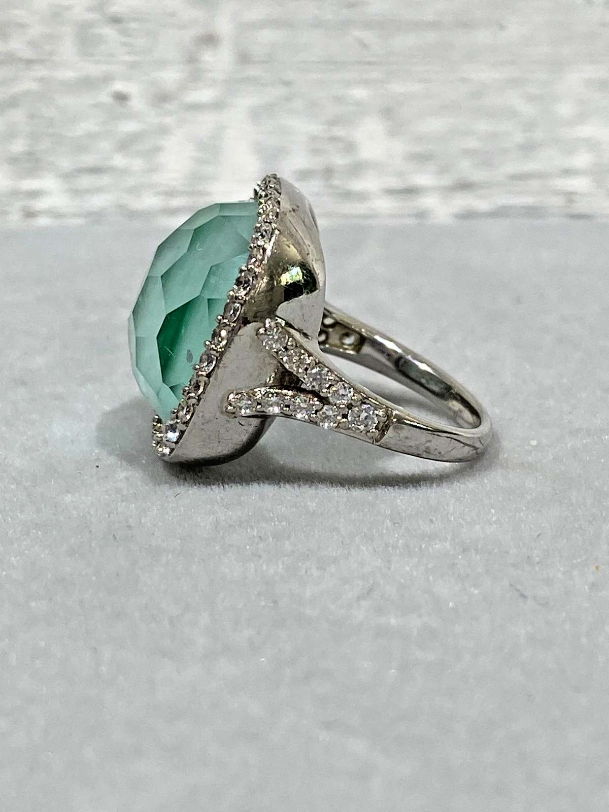 Vintage Sterling Silver Green Chalcedony Cushion Cut & CZ Ring 4.5 stamped ‘f’