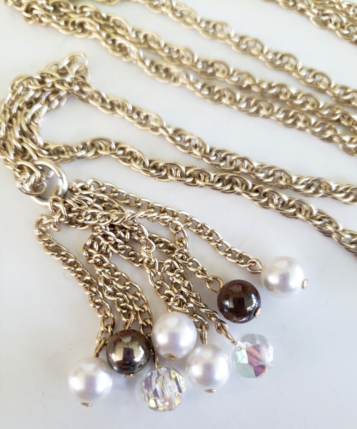 Vintage Bead Tassel Pendant Gold Tone Aluminum Necklace 41″ Clasp Less