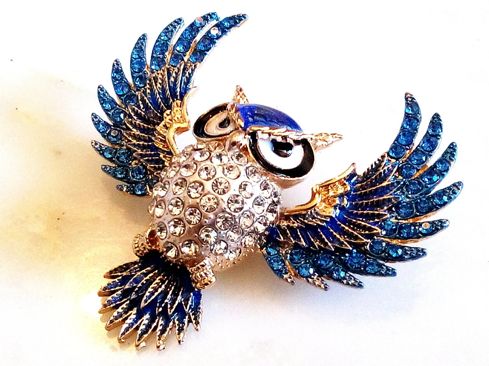 RHINESTONE OWL BROOCH! Enameled Wise Bird Pendant/Pin. Deep Blue Crystals.