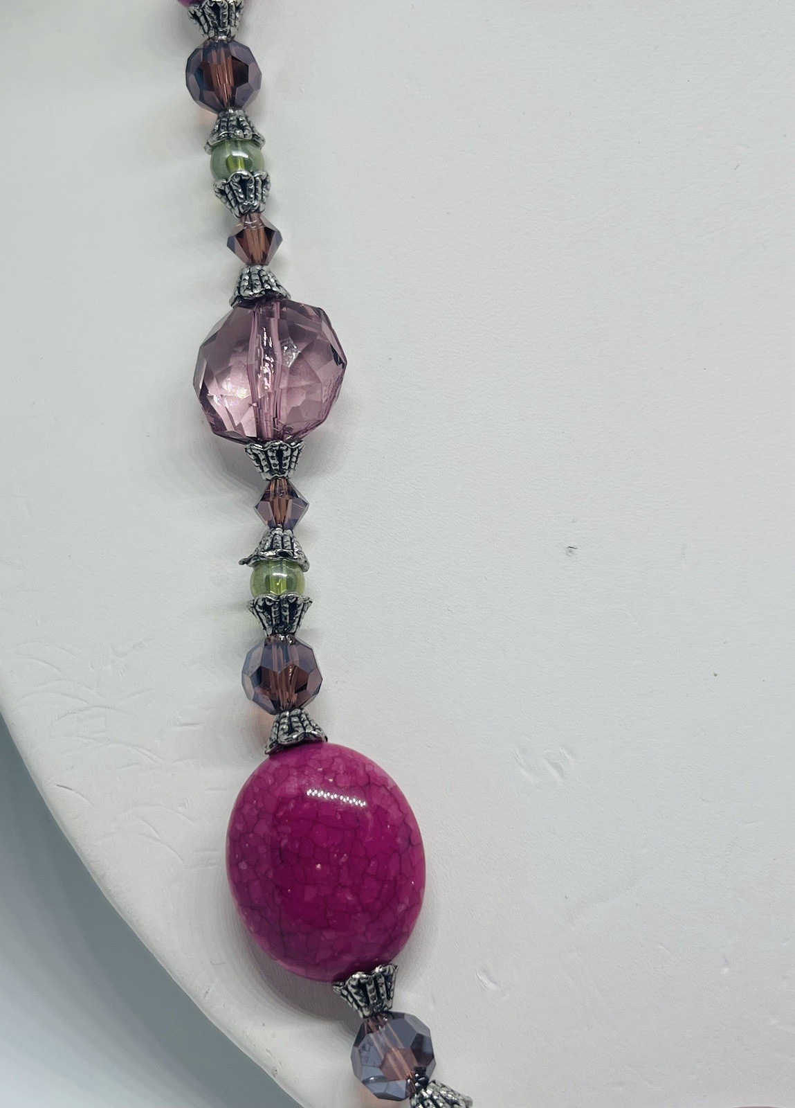 Vintage 80’s Pink And Green Glass And Crystal Bead Necklace & Earrings Set 20”