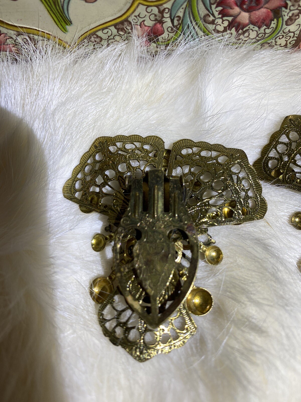 Antique Vintage New England Glass Works Gold Tone Filigree Fur Shoe Dress Clips
