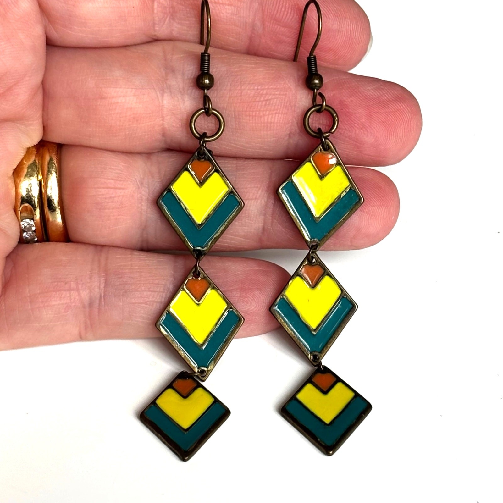 Vintage 70’s pierced earrings mod drop & dangle tassel colorful enamel finish