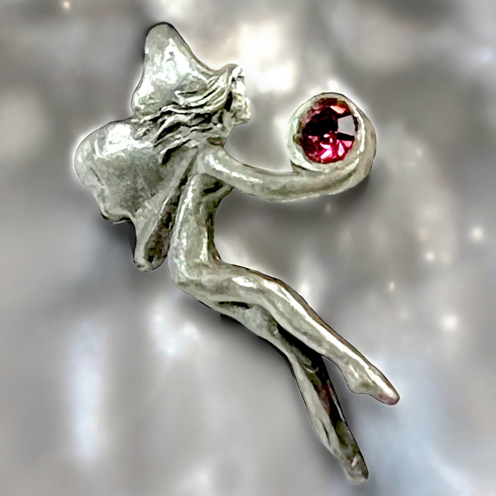 Crystal Fairy Pin Pewter Amethyst Crystal Signed Dated 90s Whimsical Vintage 1”