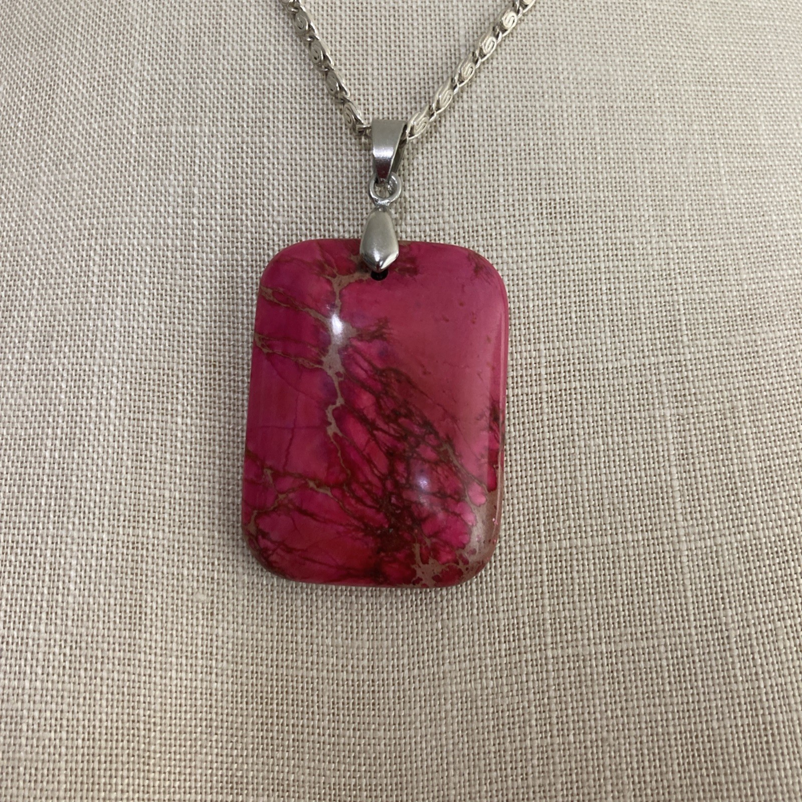 Polished Pink Stone Pendant 2.5″ Rounded Rectangle 19″ Silvertone Chain Necklace