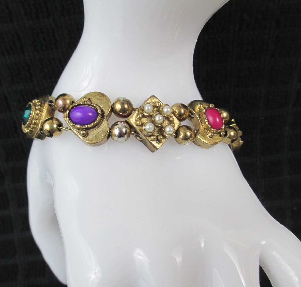 Vintage Victorian Revival Slide Charm Bracelet Gold tone Multicolor cabochons