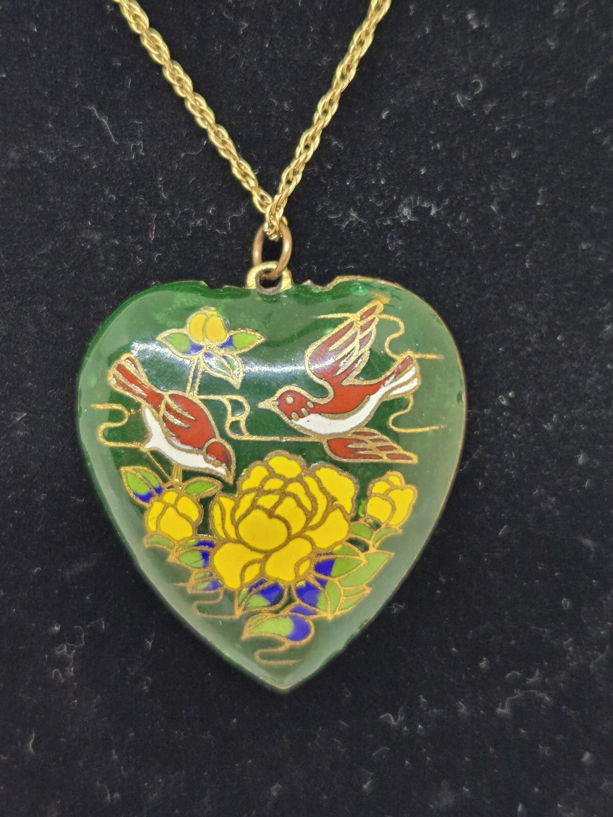 Cloisonne Puff Heart Shaped Floral and Bird Pendant Charm