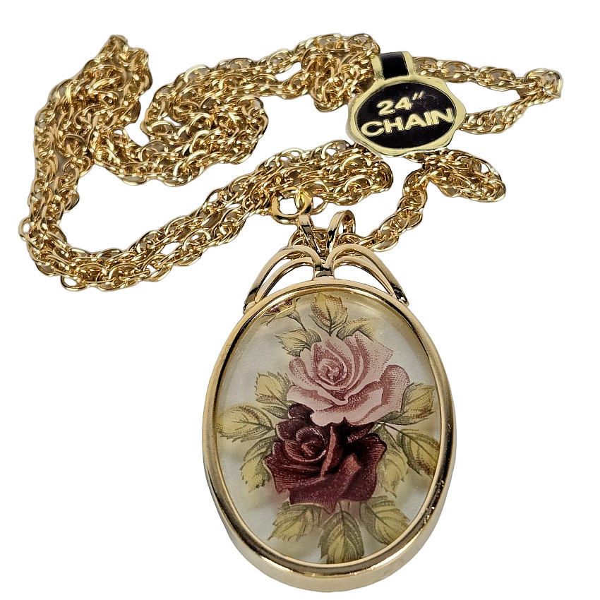 Necklace Pendant Reverse Painted Rose Floral 24″ Gold Tone Chain Fashion Jewelry