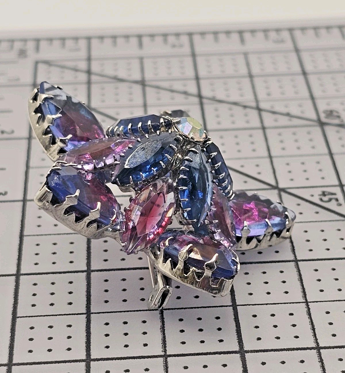 VTG Starburst Domed Purple Blue Pink Vitrail Glass Rhinestone Brooch Silver Tone