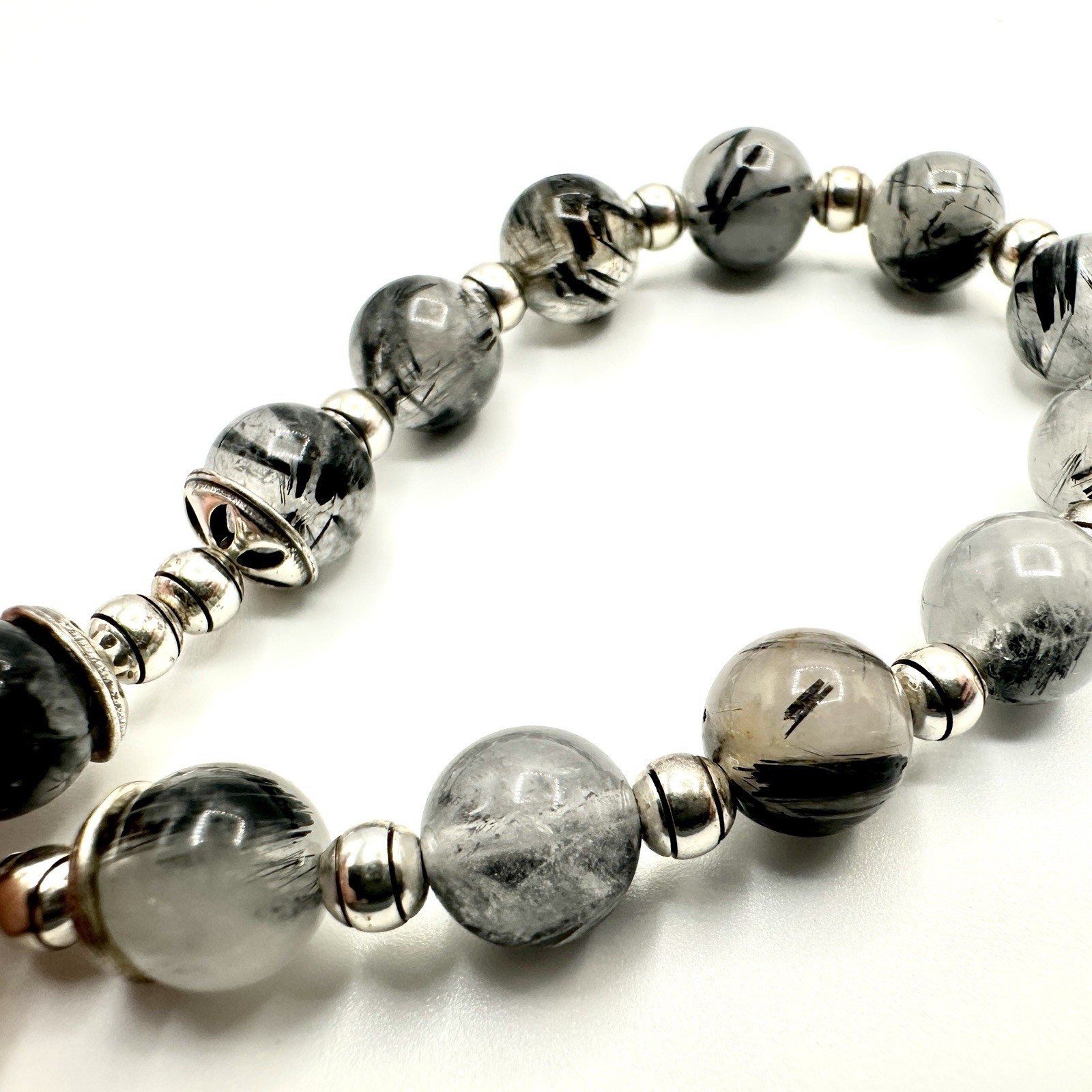 Vintage BRIGHTON Black Rutilated Quartz Beaded Bracelet Gray Marbled Silver Tone