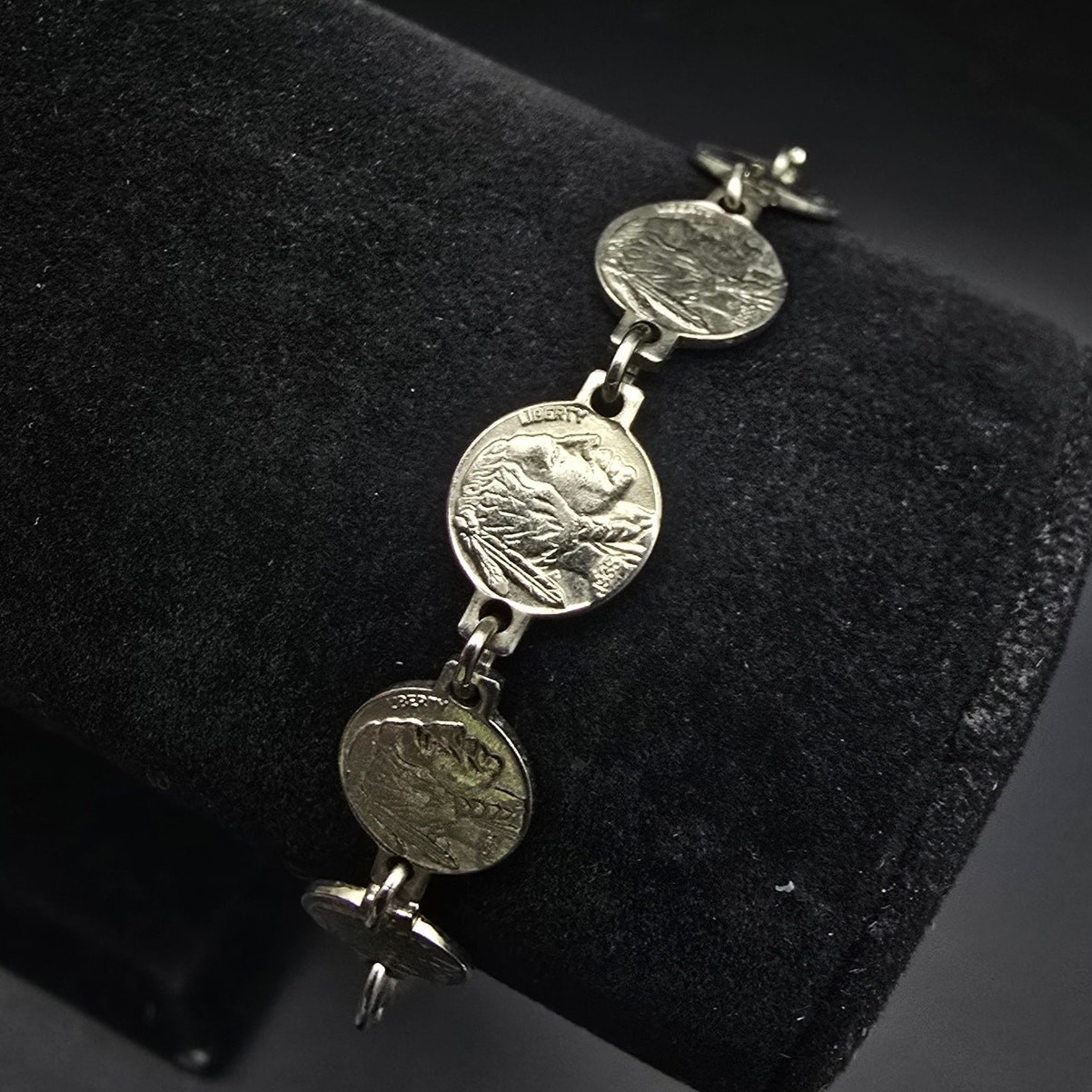 Vintage Faux Buffalo Nickel Coin Bracelet Silver Tone Currency Jewelry