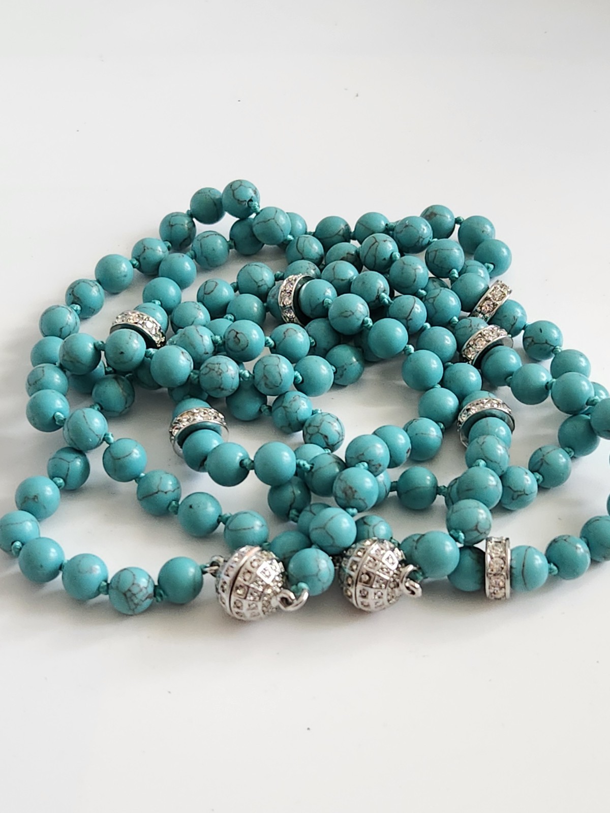 Vintage Genuine Turquoise Pave Rhines Hand Knot Necklace 50″ Mag Adjust 16 + 34