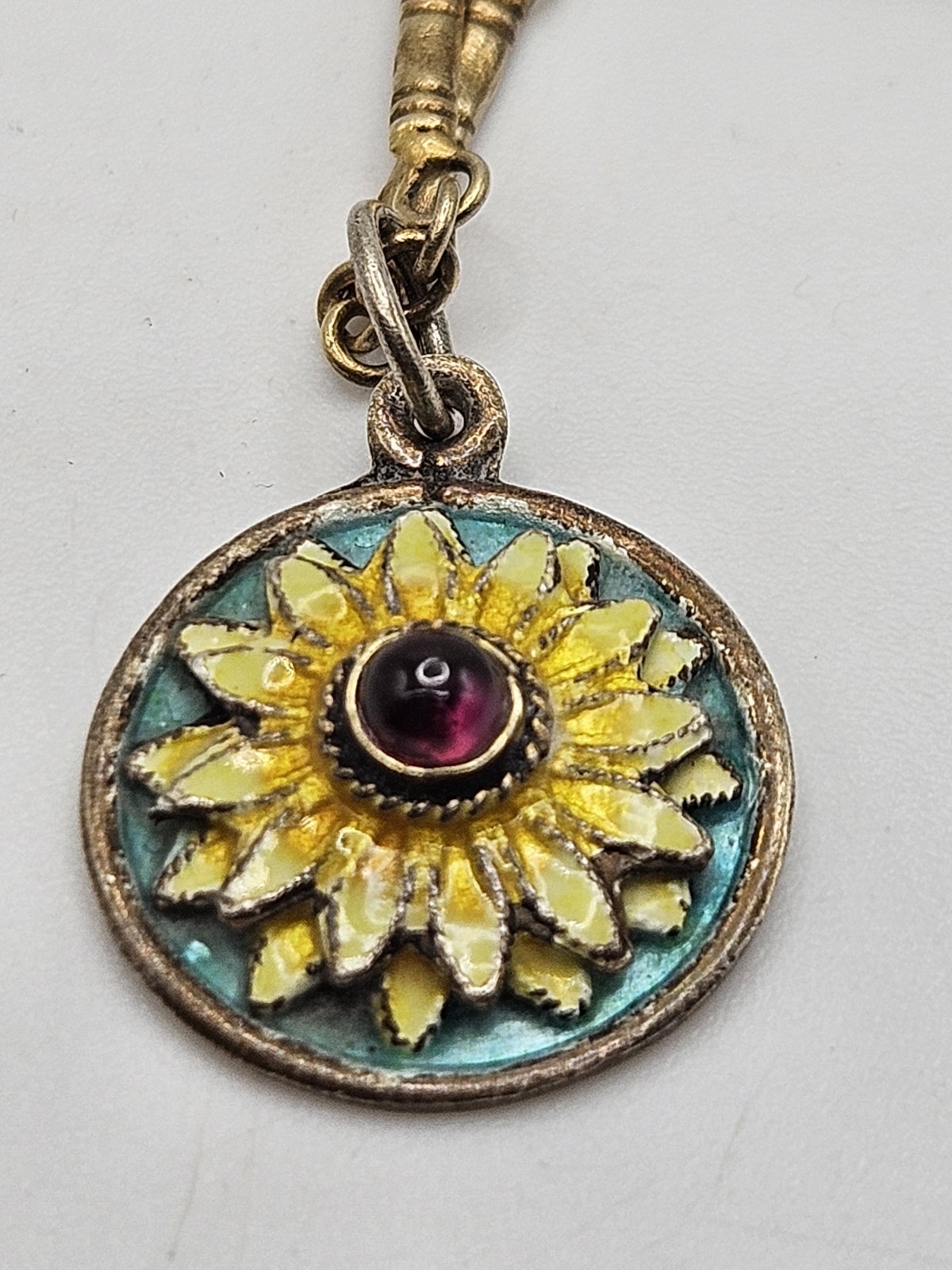 Vintage Sterling Silver Gold Finish Enamel Sunflower Garnet Pendant Necklace 20″