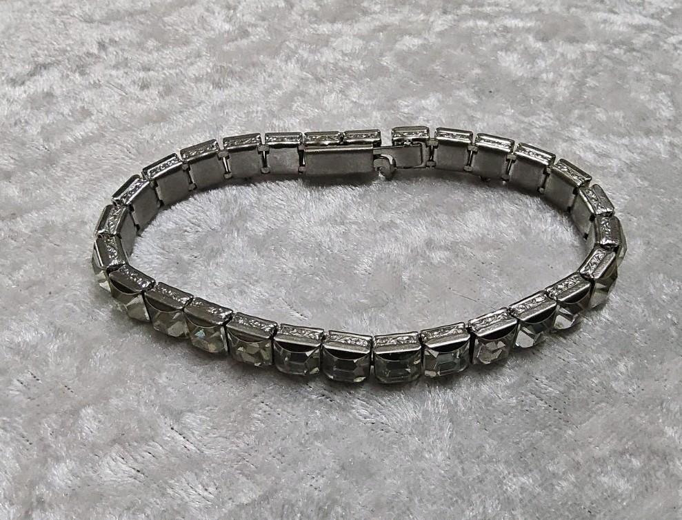 Vintage H&SO Sterling Silver White Glass Paste Rhinestone Tennis Bracelet 7.25In