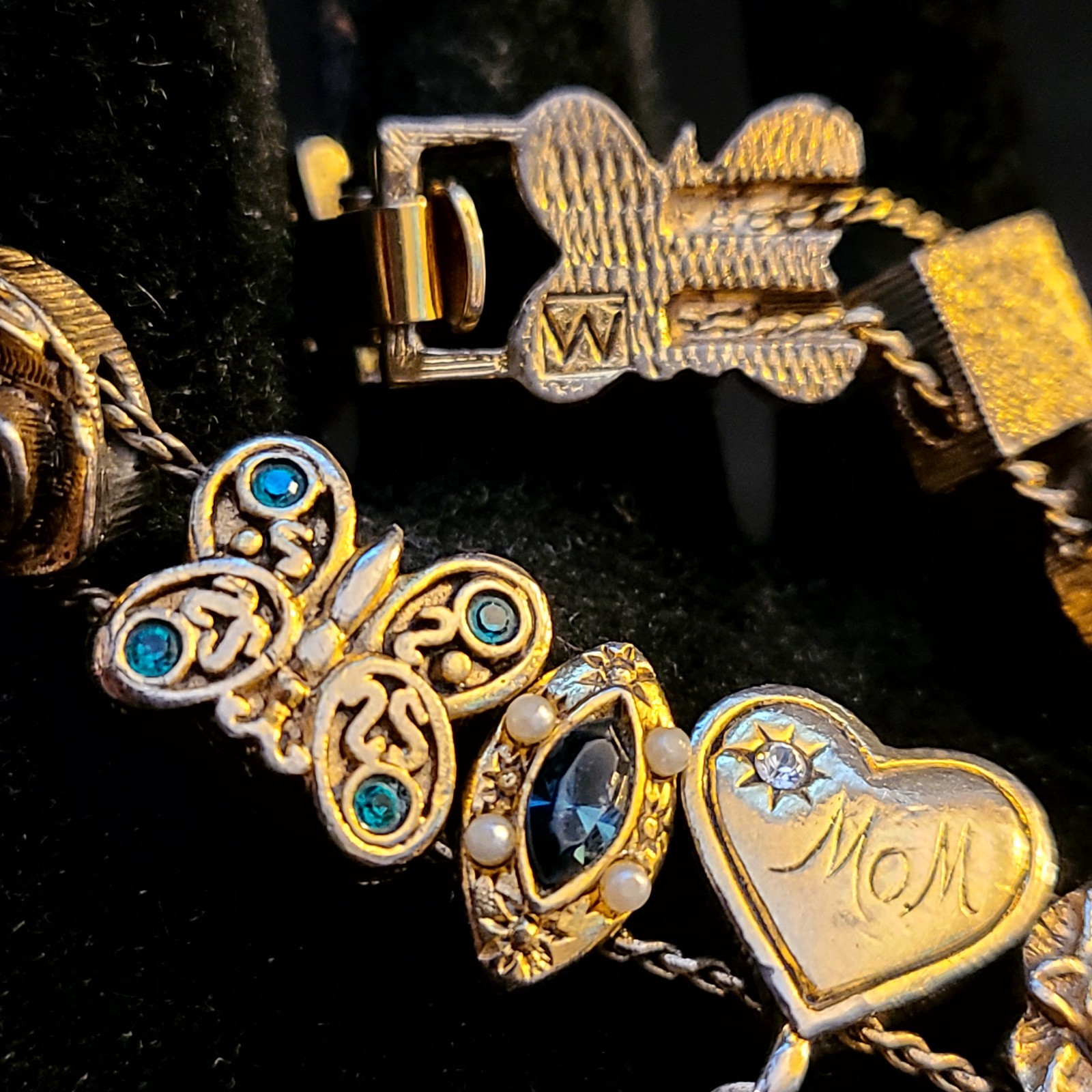 Vintage Victorian Gold Tone Slide Bracelet (14) Charms Mom Cameo Butterfly Heart