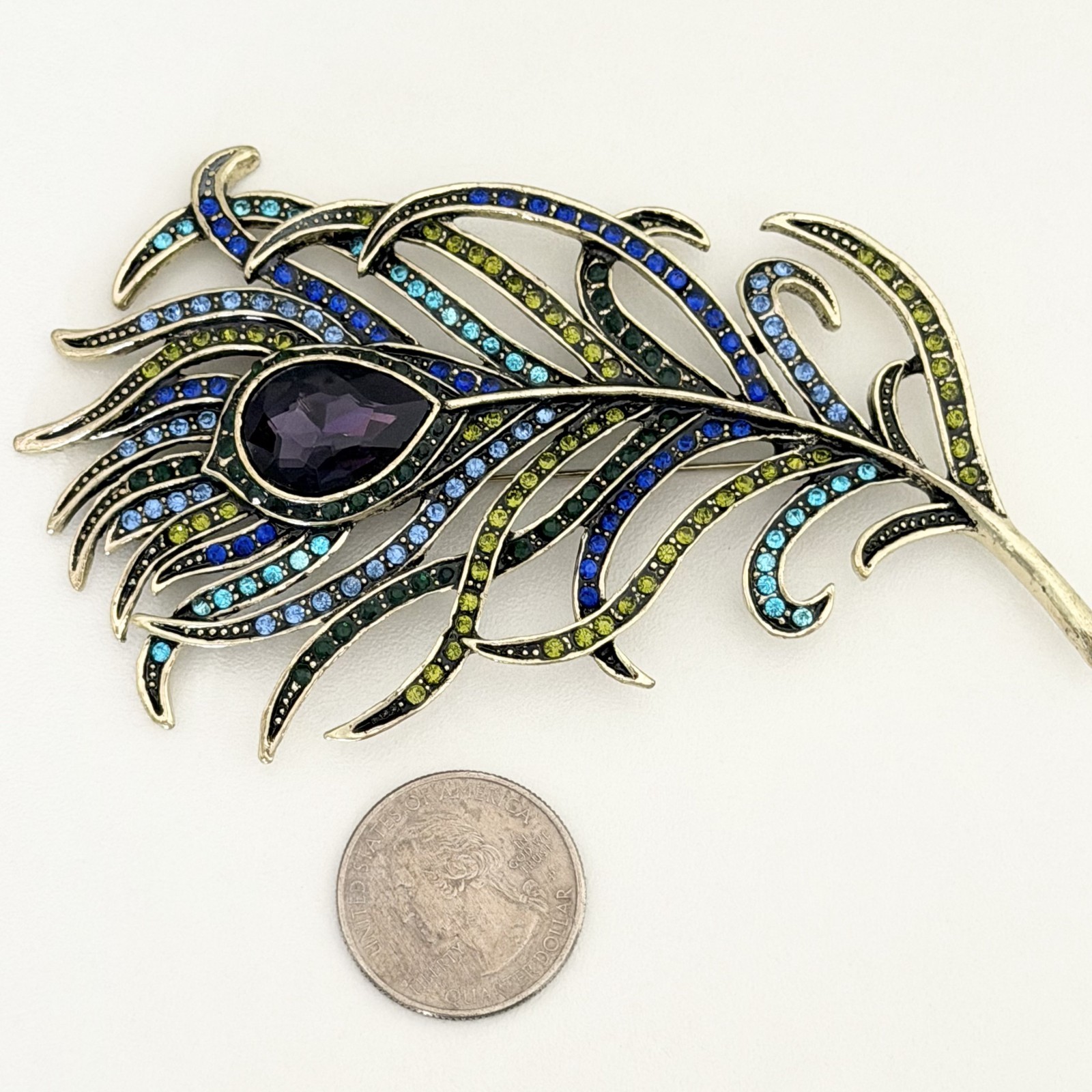 Heidi Daus Signed Vintage Big Peacock Feather Rhinestone Brooch Pin Purple Blue