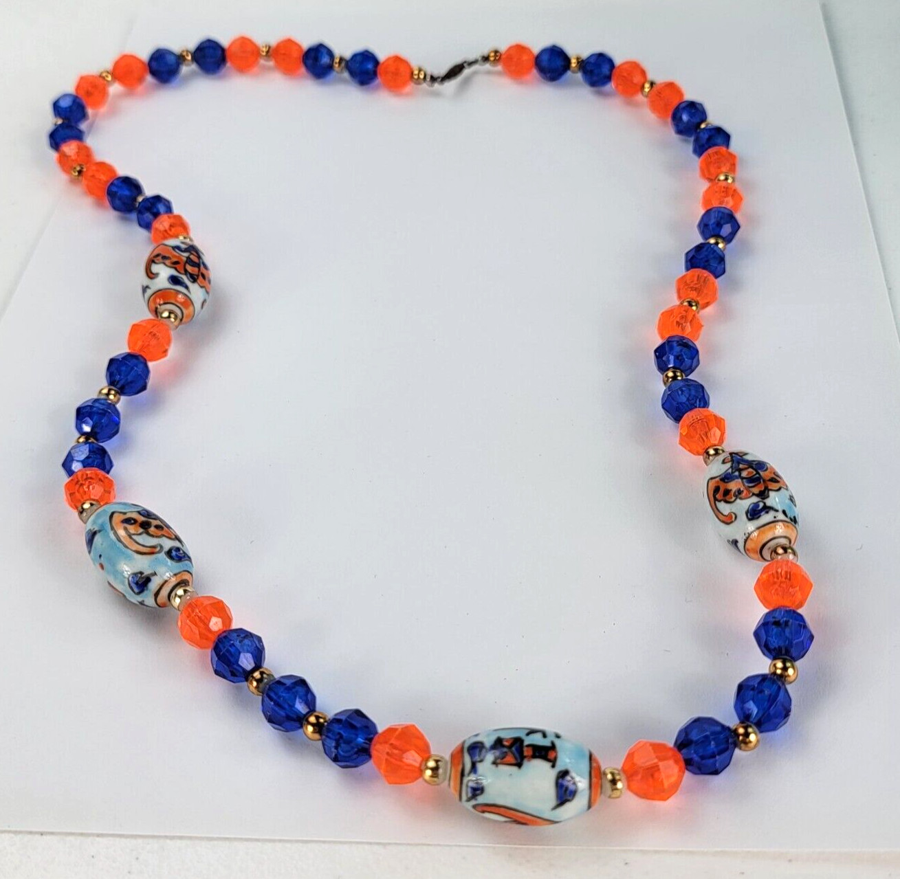 Vintage Asian Themed Hand Painted Clay And Plastic Bead Multicolor Necklace 29″