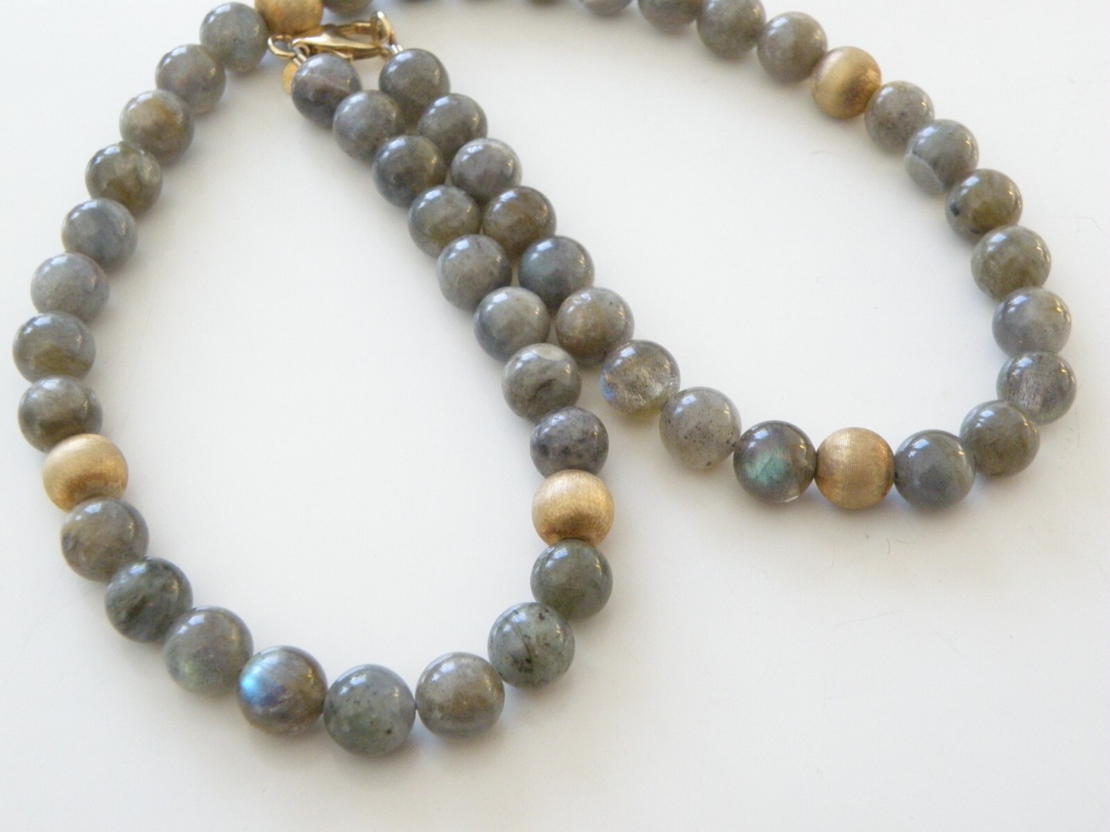 Vintage Sterling Silver 925 Gold on Natural Labradorite Bead Necklace 17.5″