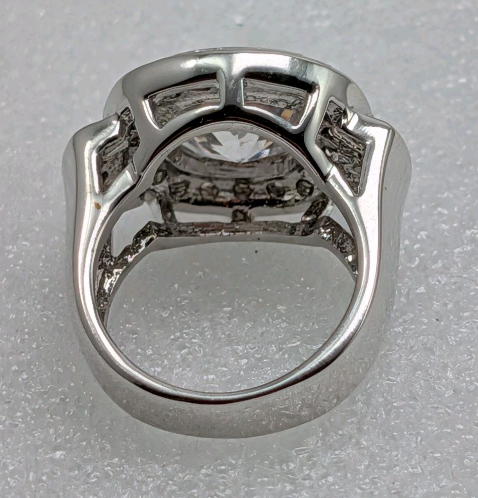 Vintage Silver Plated Cubic Zirconia Cushion Cut Halo Engagement Ring Sz 6.75