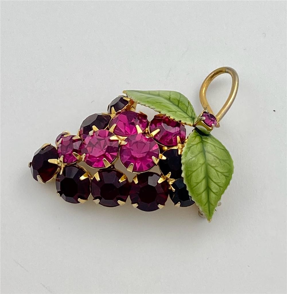 Vintage Red & Fuchsia Rhinestones Green Enamel Grape Bunch Brooch Pin