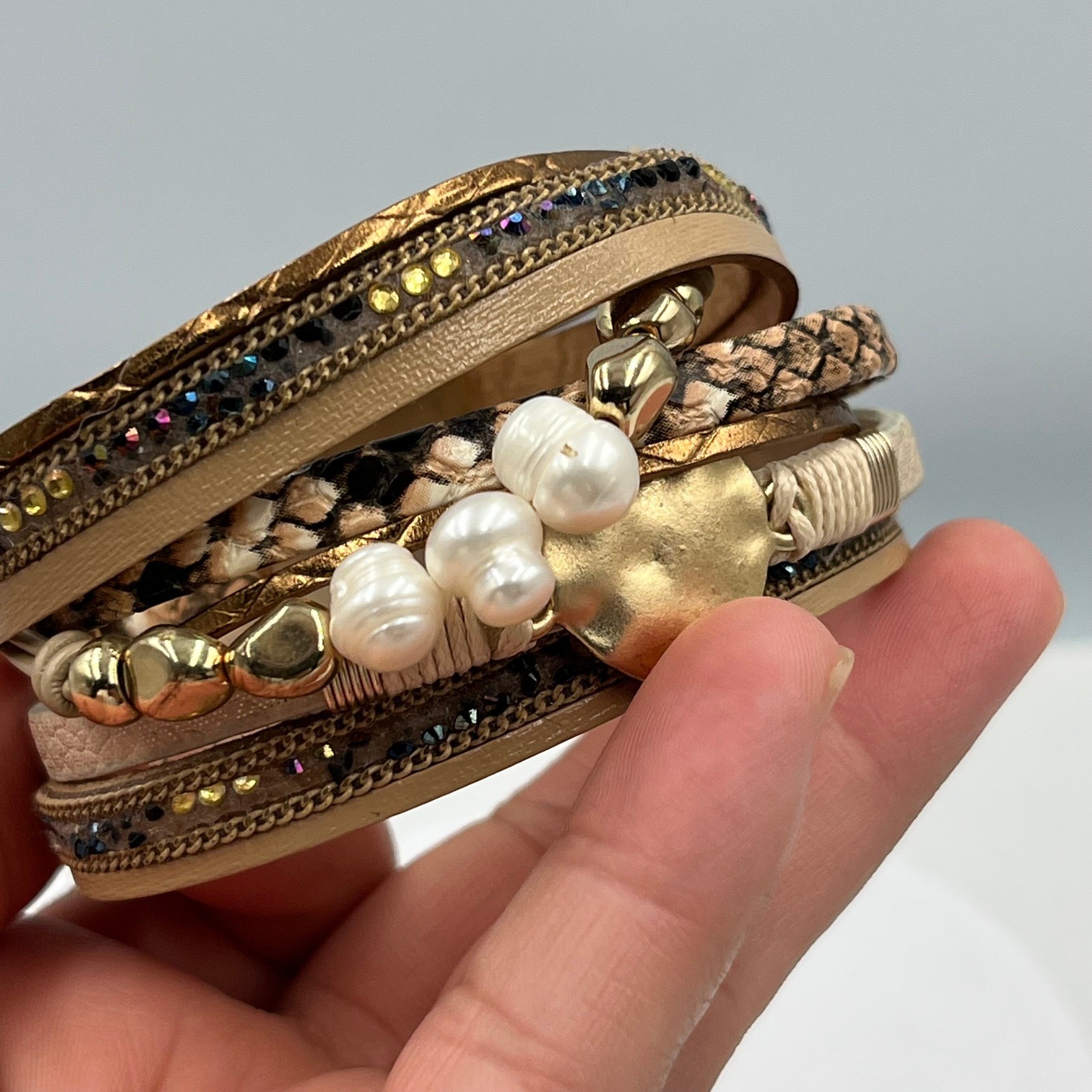 Vintage Multi-Strand Brown Leather Wrap Bracelet w/ Pearl Rhinestone Heart Charm