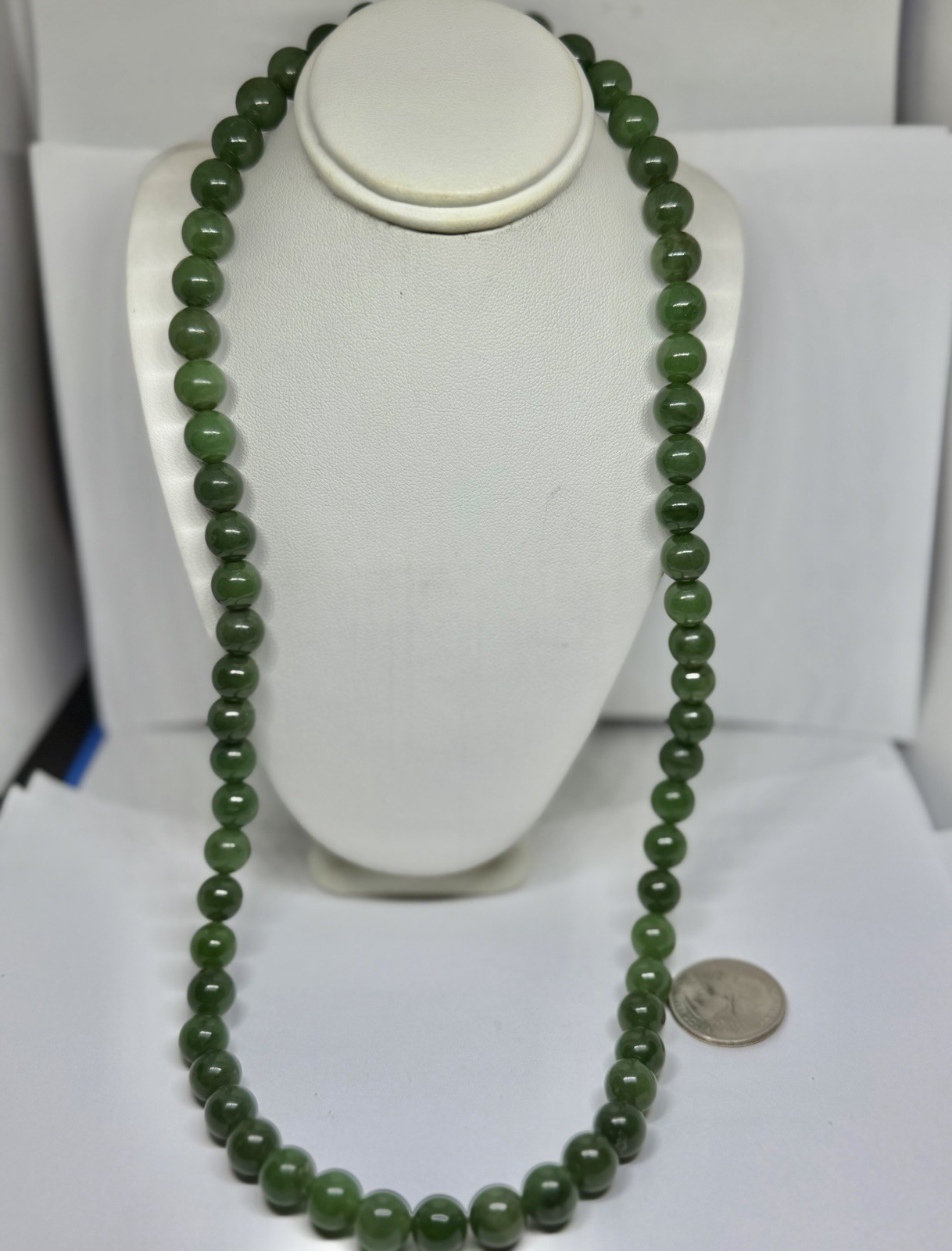 Vintage 8mm Dark Green Jade Beads Necklace Goldtone Clasp 23”