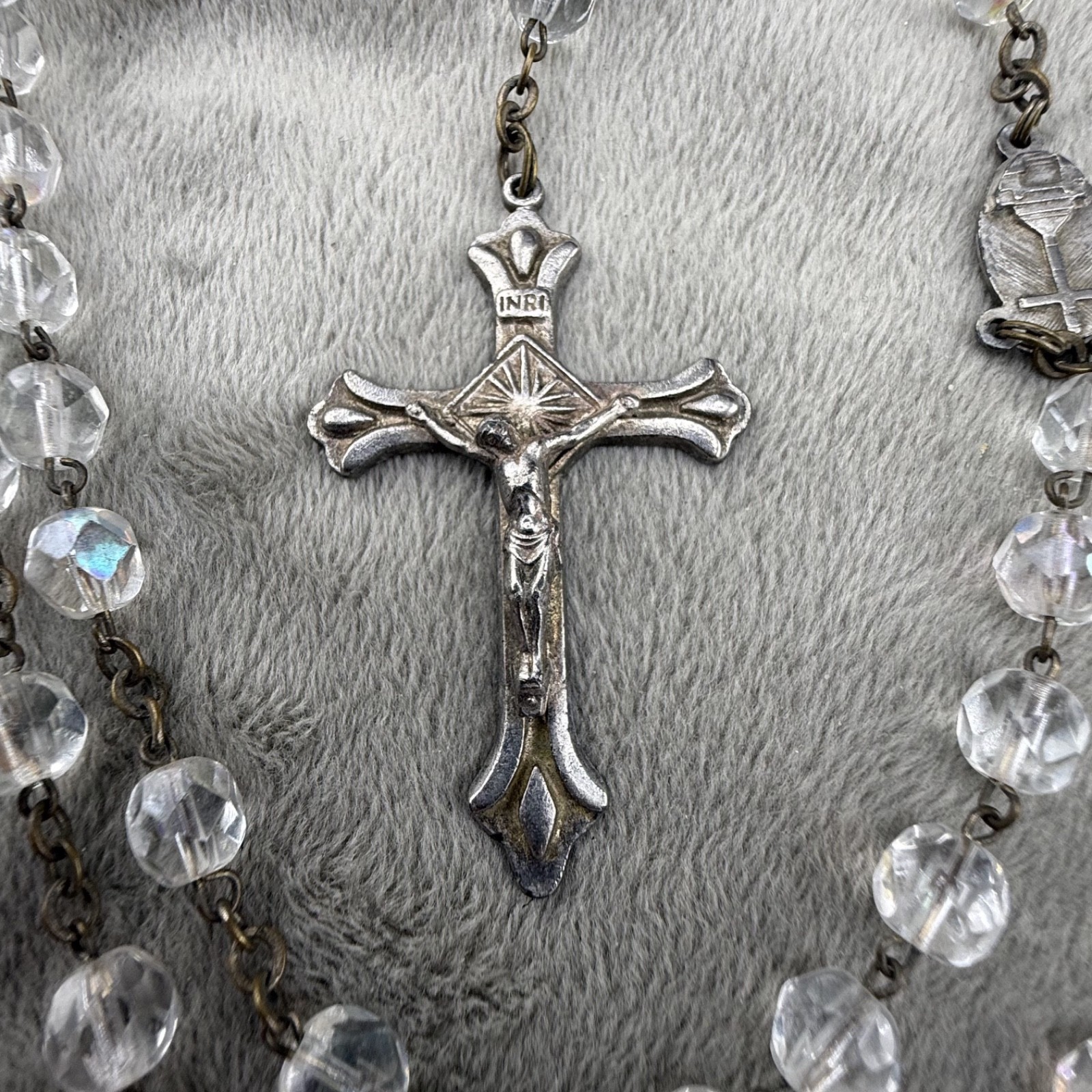 Vintage Rosary Necklace Clear Faceted Glass Silver Tone 28”