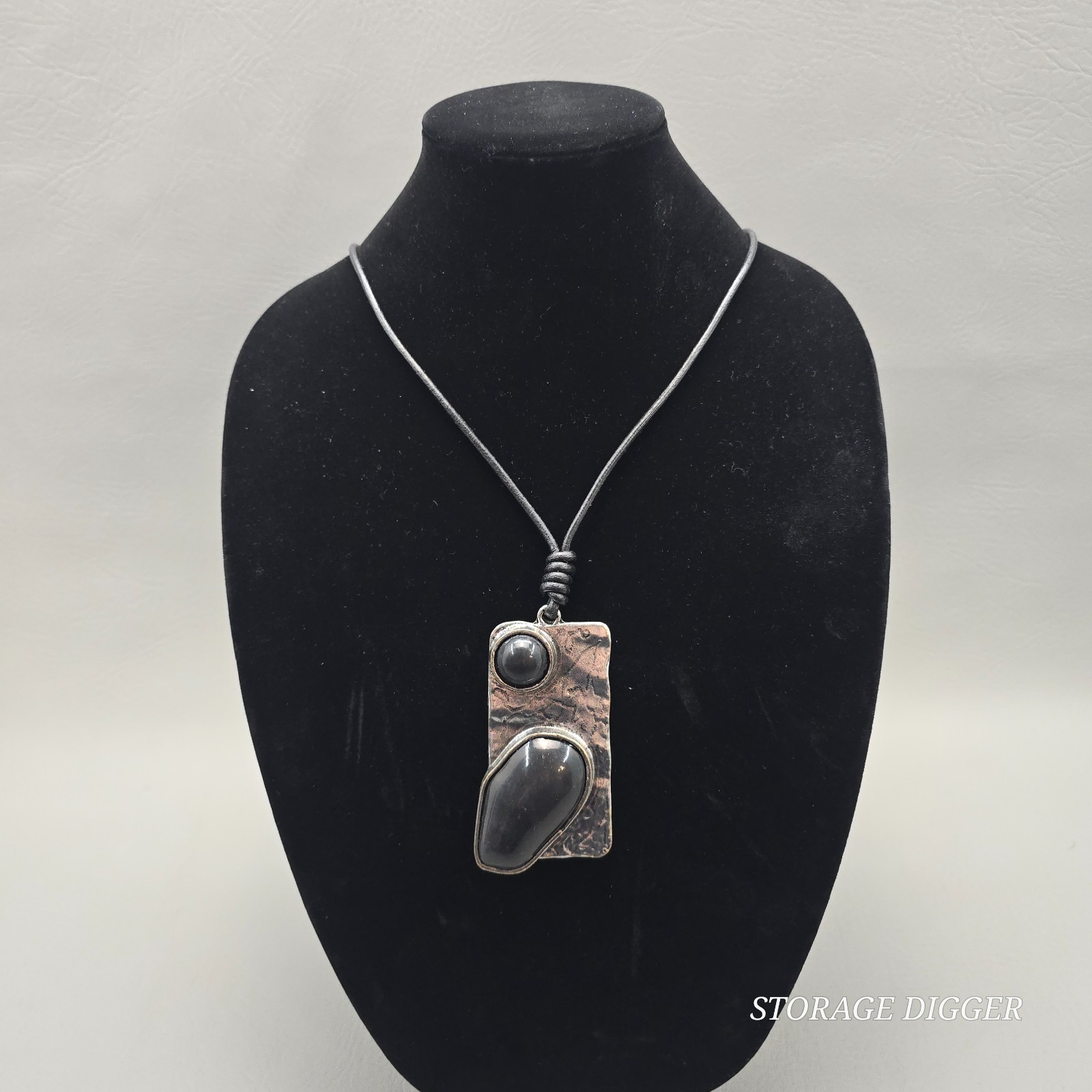 Vintage Silver Tone Metal with Black Onyx Pendant on Cord Necklace 31″ Long