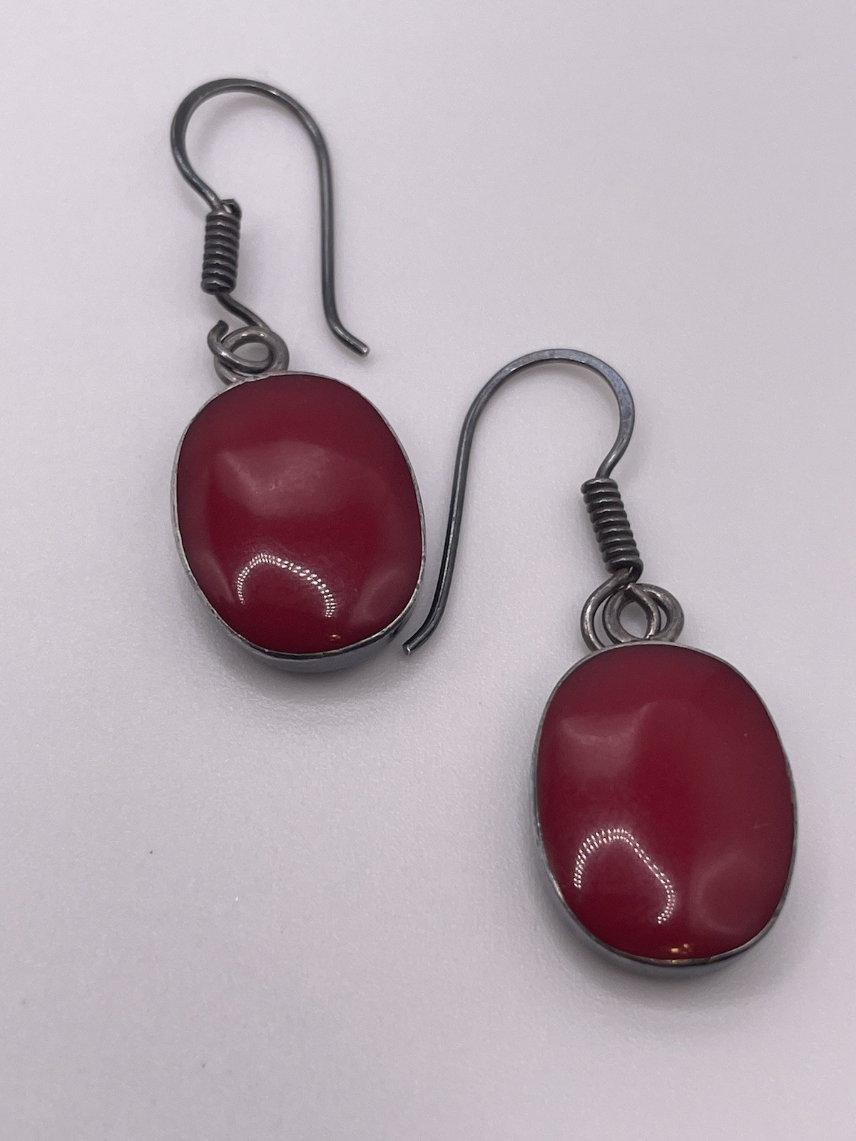 Vintage MEX 925 Sterling Silver Red Cabochon Dangle Earrings Mexico
