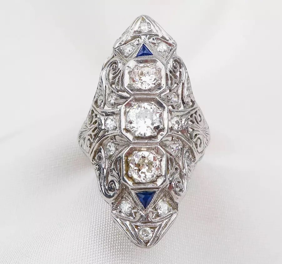Circa 1920s Exquisite Art Deco 925 Real Silver White CZ & Blue Sapphire Ring