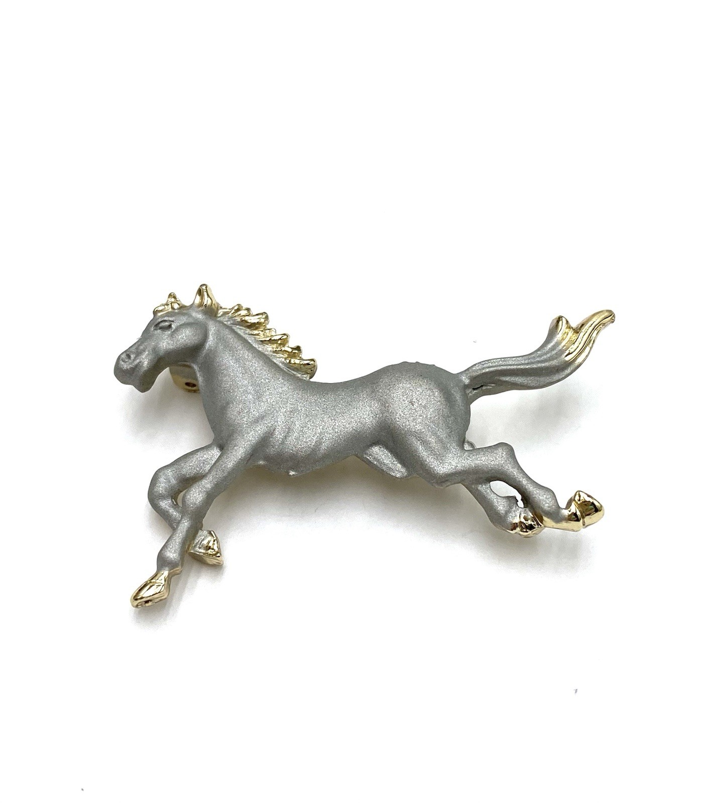 Vintage Brooch Pin Grey Running Horse Pin Gold Tone