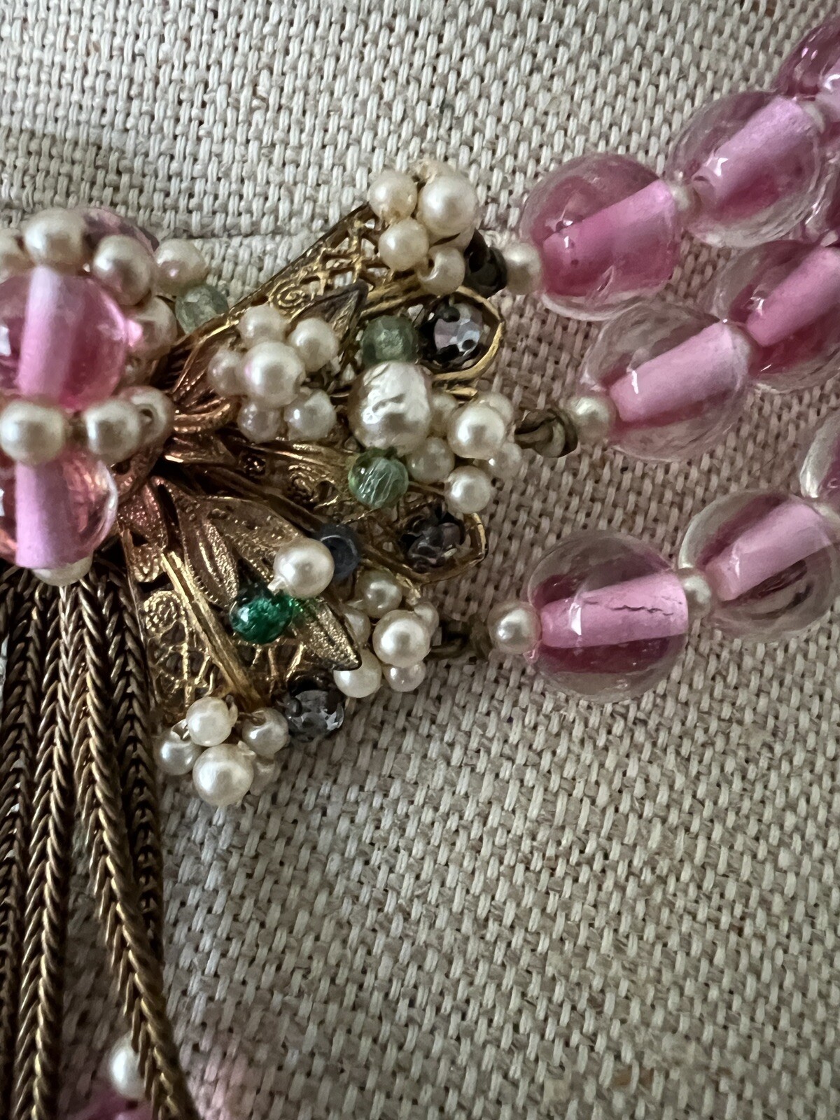 Early Miriam Haskell 3 Strand Pink Glass Festoon Necklace Faux Pearl Rose Monteé