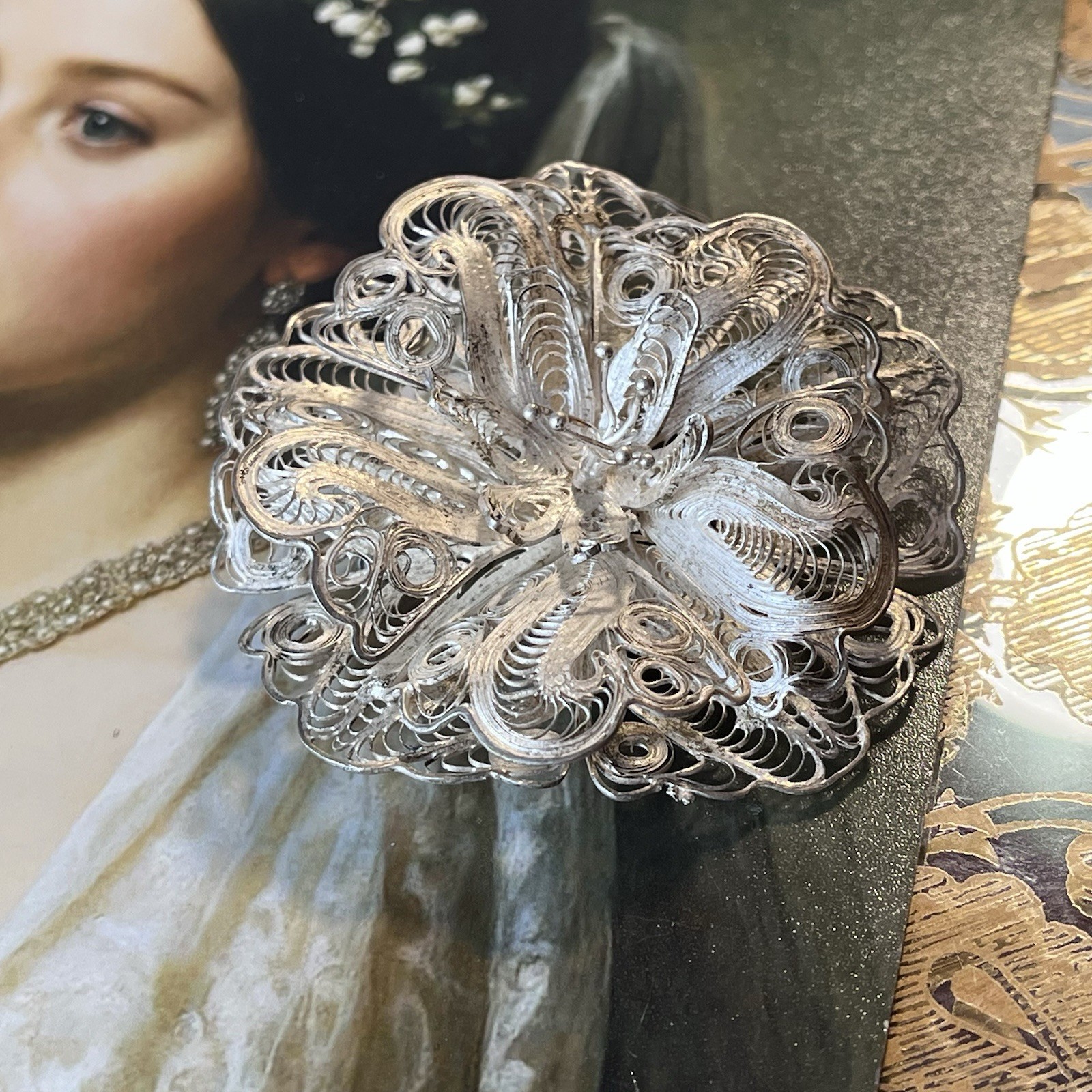 Vintage Mexican Cannetille Filigree Floral Brooch – 2.5” – Marked SILVER MEXICO