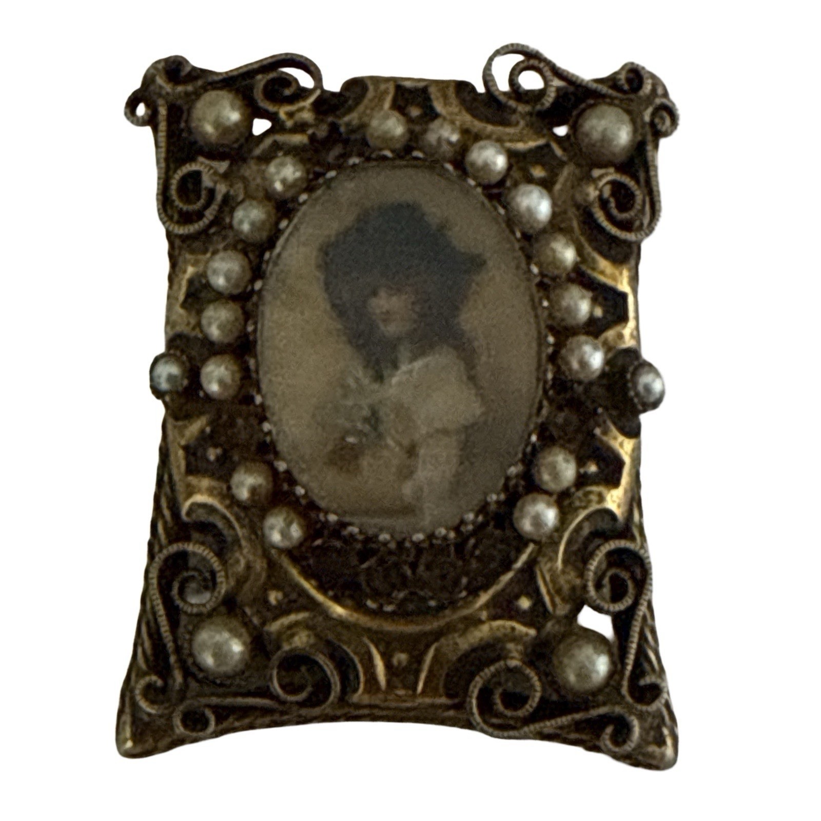Vintage Original By Robert Hand-Painted Portrait Brooche,Velvet Lined Shadow Box