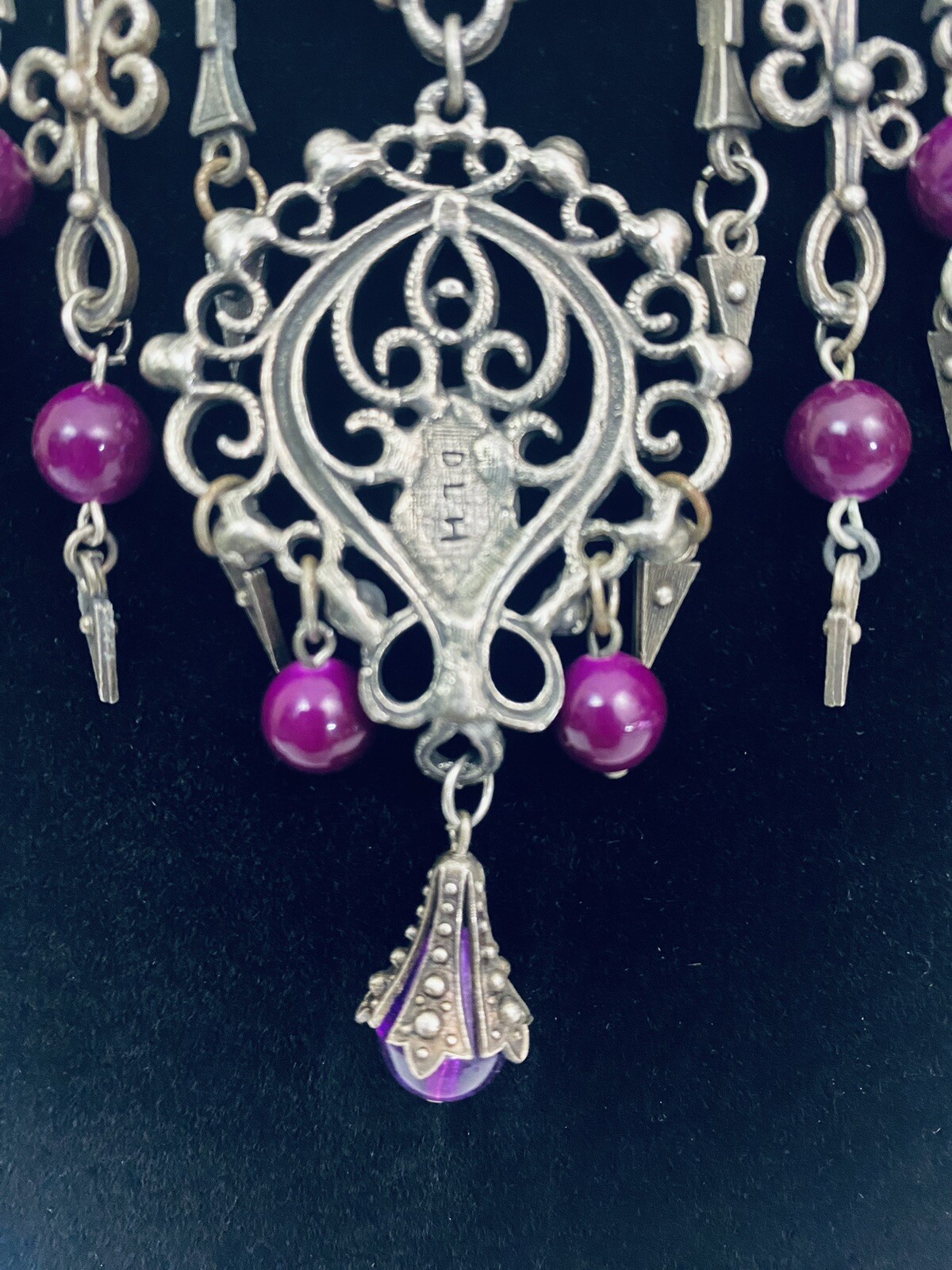 Vintage French DLH DEPOSE Necklace Bib Statement Pewter Purple 14.5″ Costume