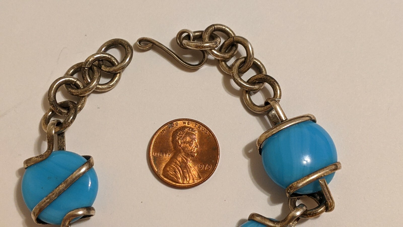 VINTAGE STERLING SILVER MEXICO BRACELET BLUE STONES ABOUT 8 3/4″ SIGNED MEX 925