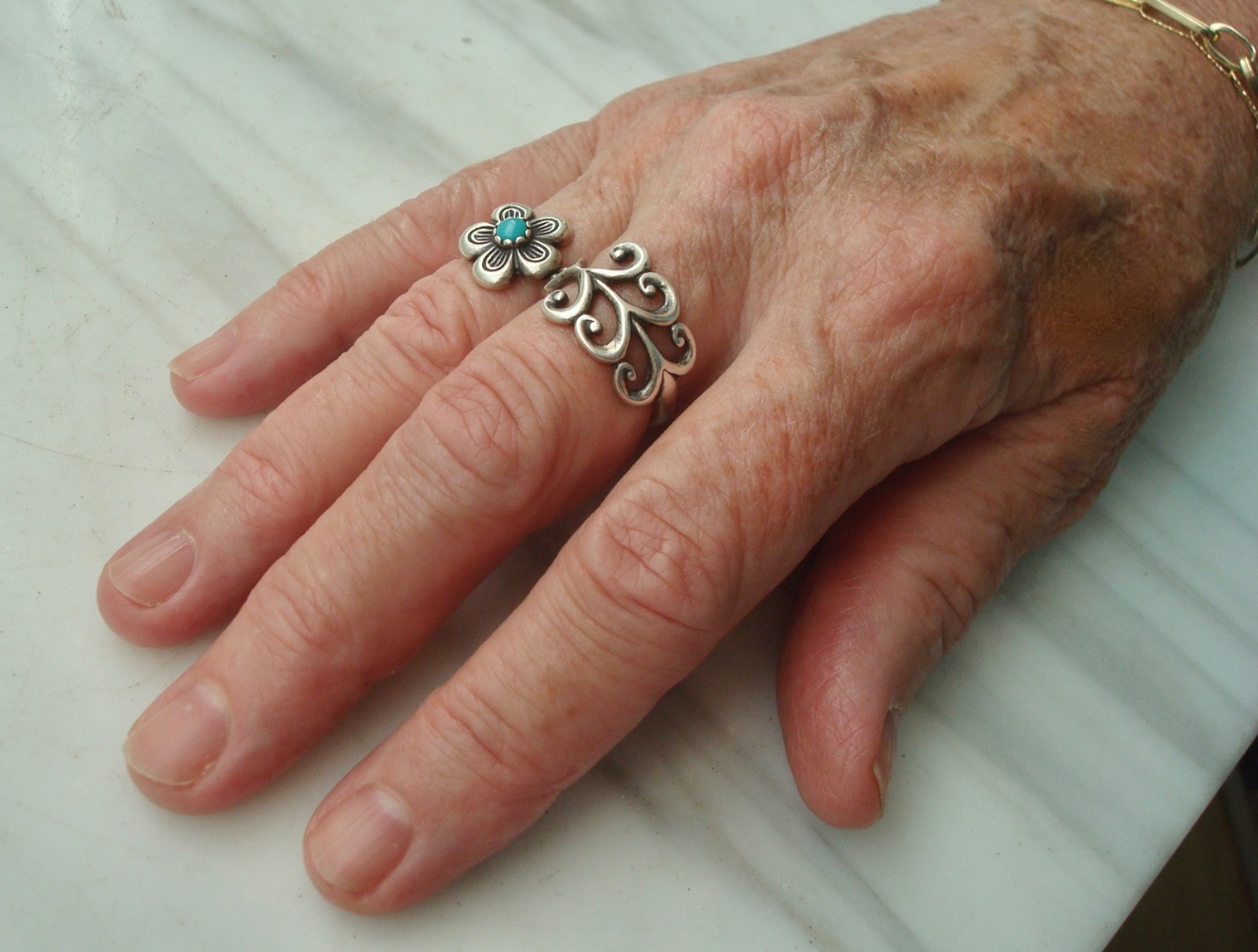 Vintage CAROLYN POLLACK STERLING Silver FLOWER Turquoise DOUBLE RING Size 9/7.5