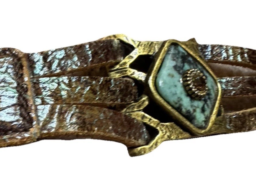 Bracelet LeatherRock Textured Band Turquoise Stone Rhinestone Brass Accents M&W.