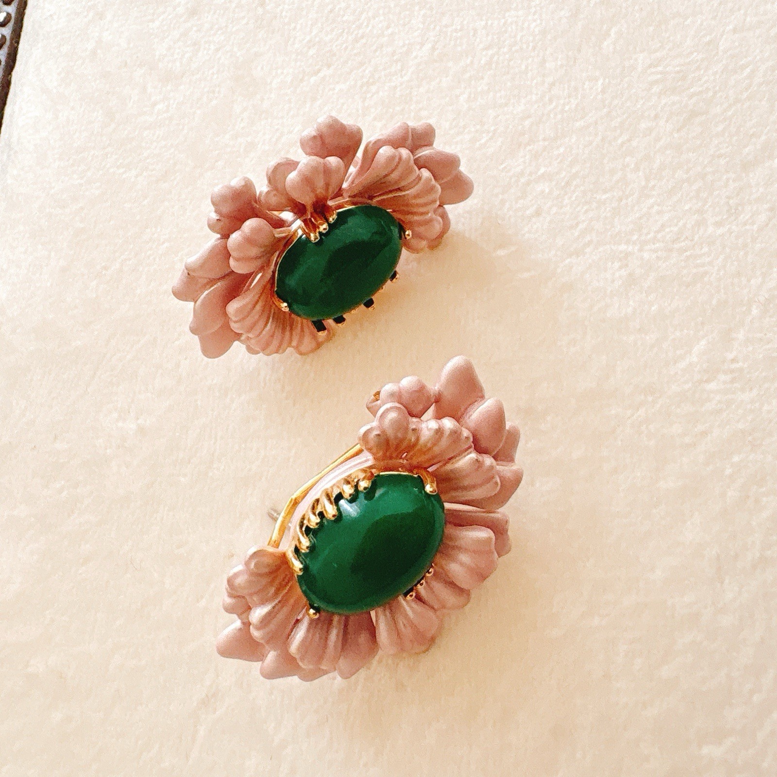 Pink Enamel Floral Earrings with Green Jade-Style Center-Vintage Style
