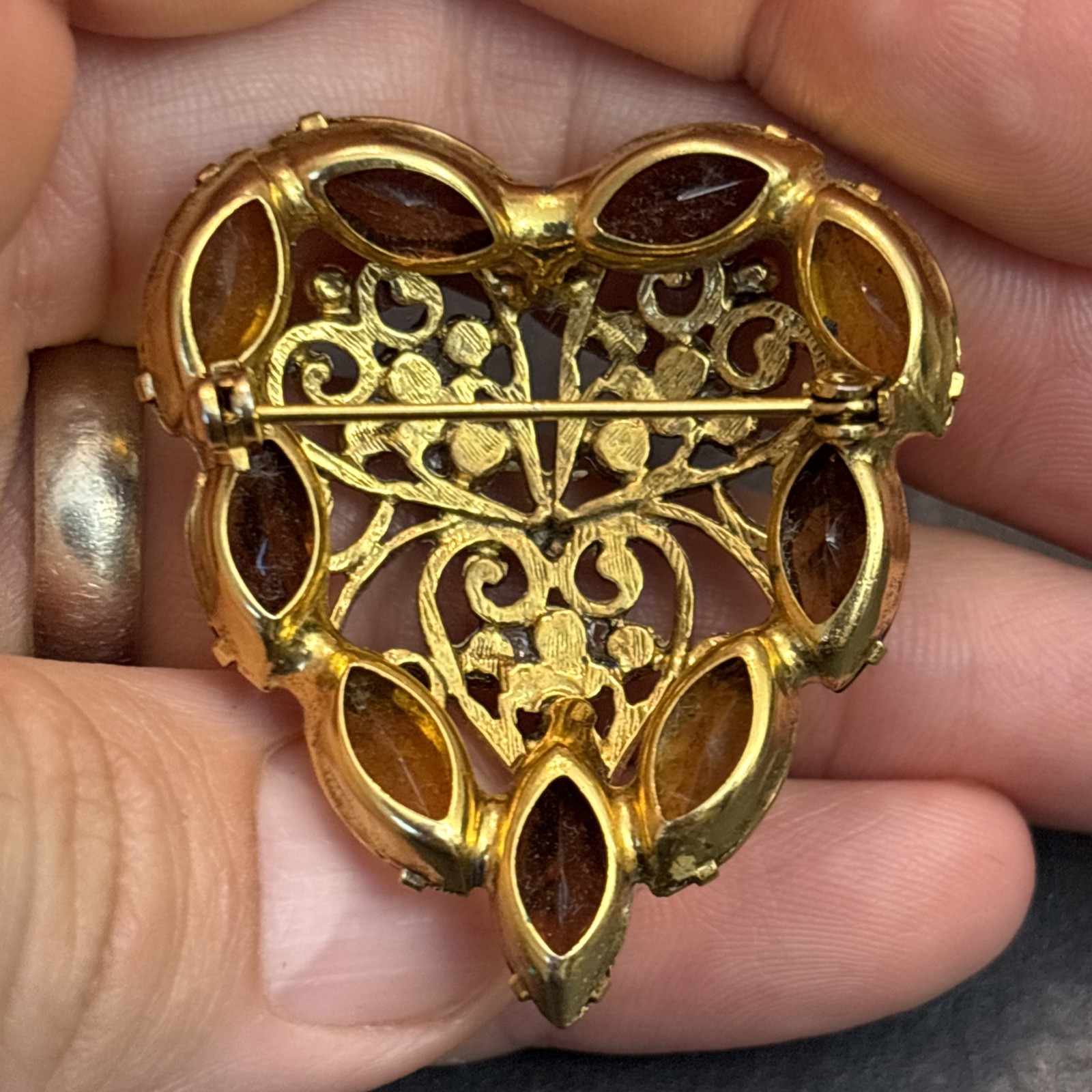 Juliana Delizza Elster Vintage Fall Heart Design Brooch Glass Gold Plated 5c