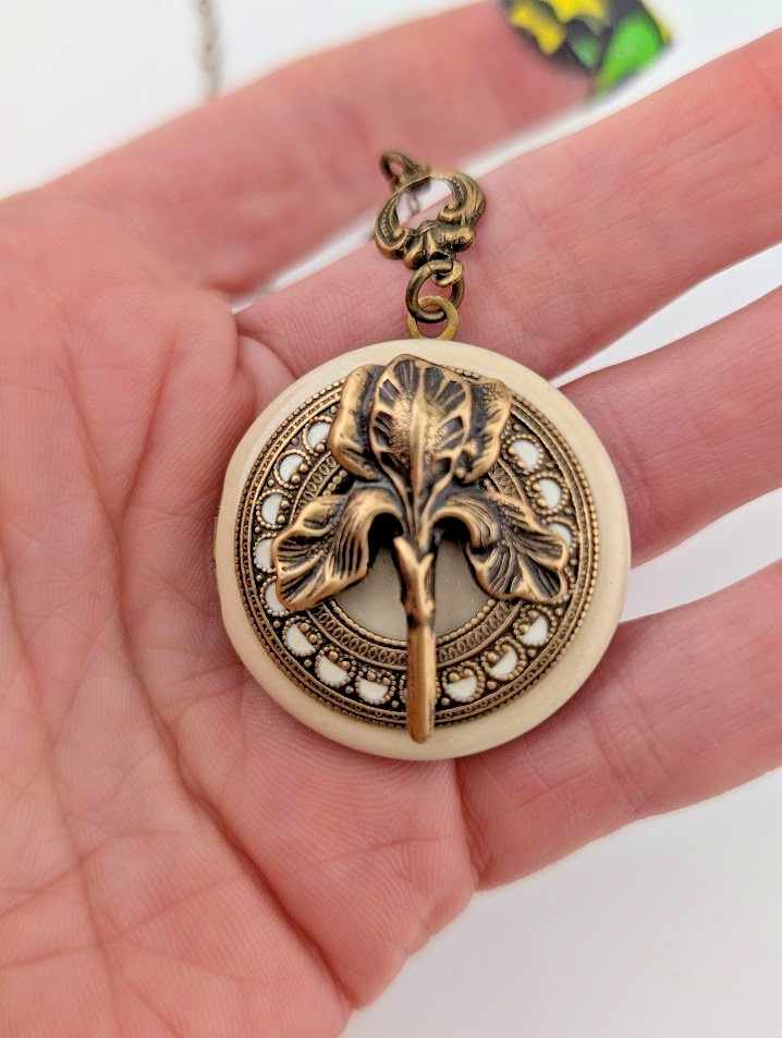 BRASS IRIS FLOWER LOCKET enamel art nouveau style photo pendant bronze chain B6