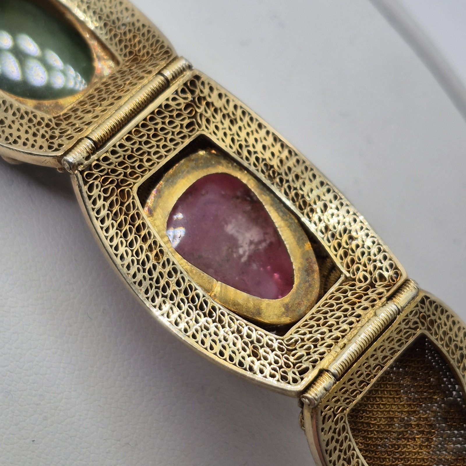 Vintage Silver W/ Gold Wash Chinese Export Tourmaline Enamel Filigree Bracelet