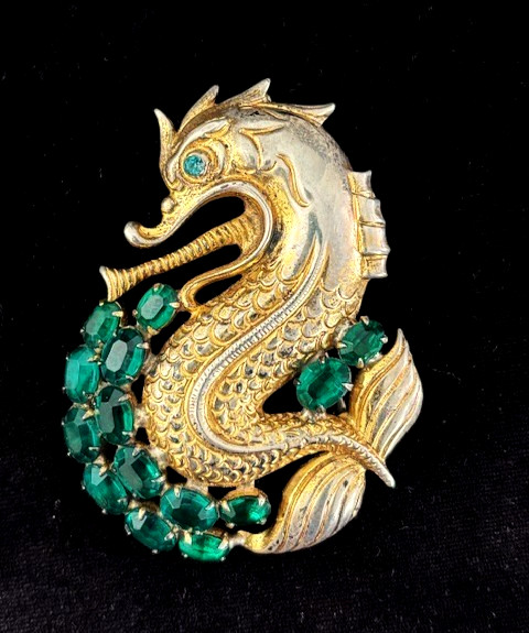 RARE VTG FRED BLOCK Gold Wash Sterling Green Stone SEA MONSTER Pin Brooch 31.8G