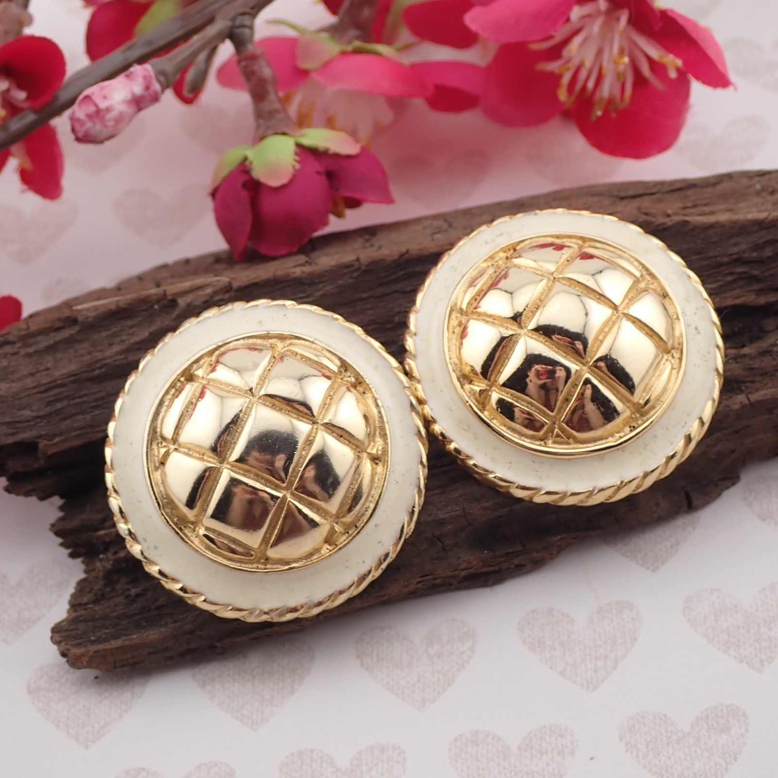 Vintage Oversized Gay Boyer Puffy Lattice Dome Cream Enamel Round Clip Earrings