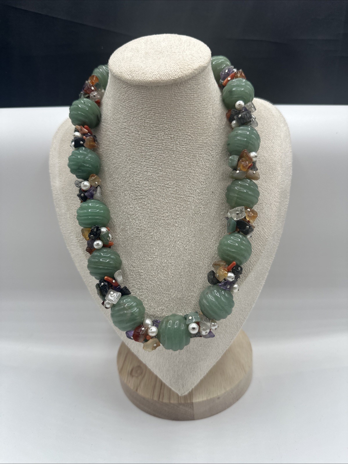 Unique Jadeite and Semiprecious Stones Vtg Necklace. Sterling Silver Closure.