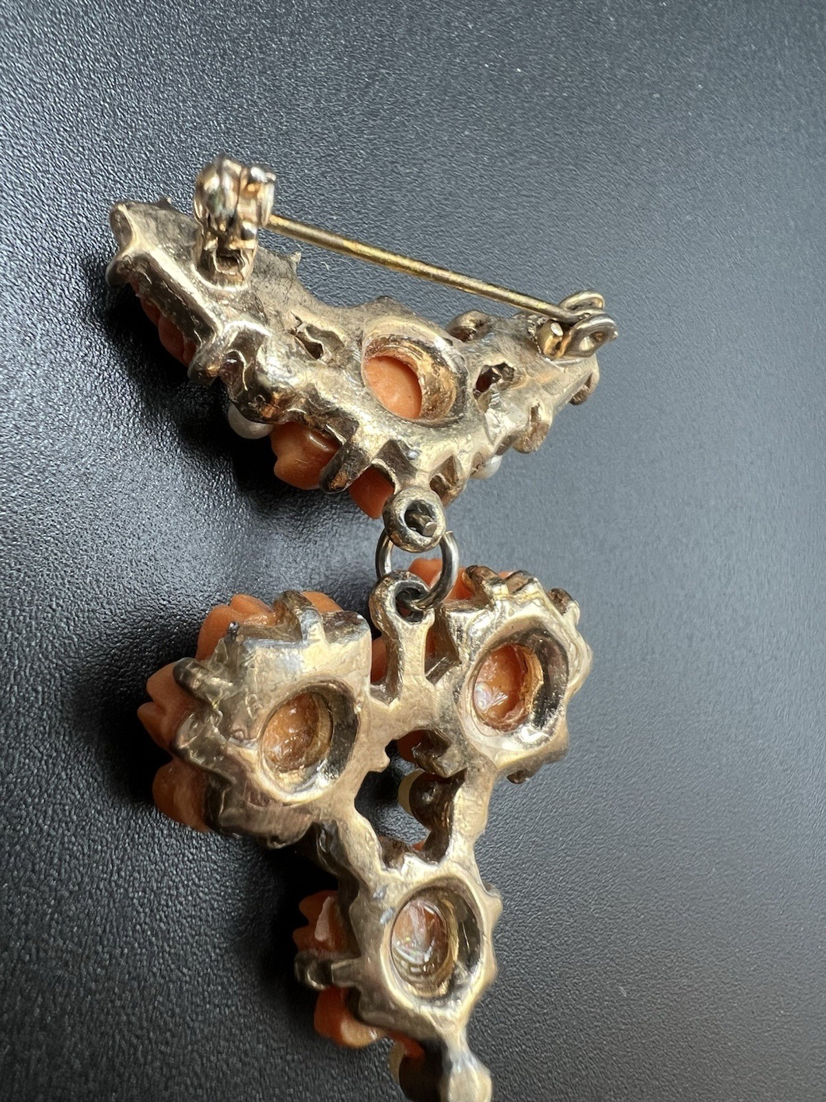 Art Deco Molded/Carved Peach Pink Floral Necklace & Matching Brooch