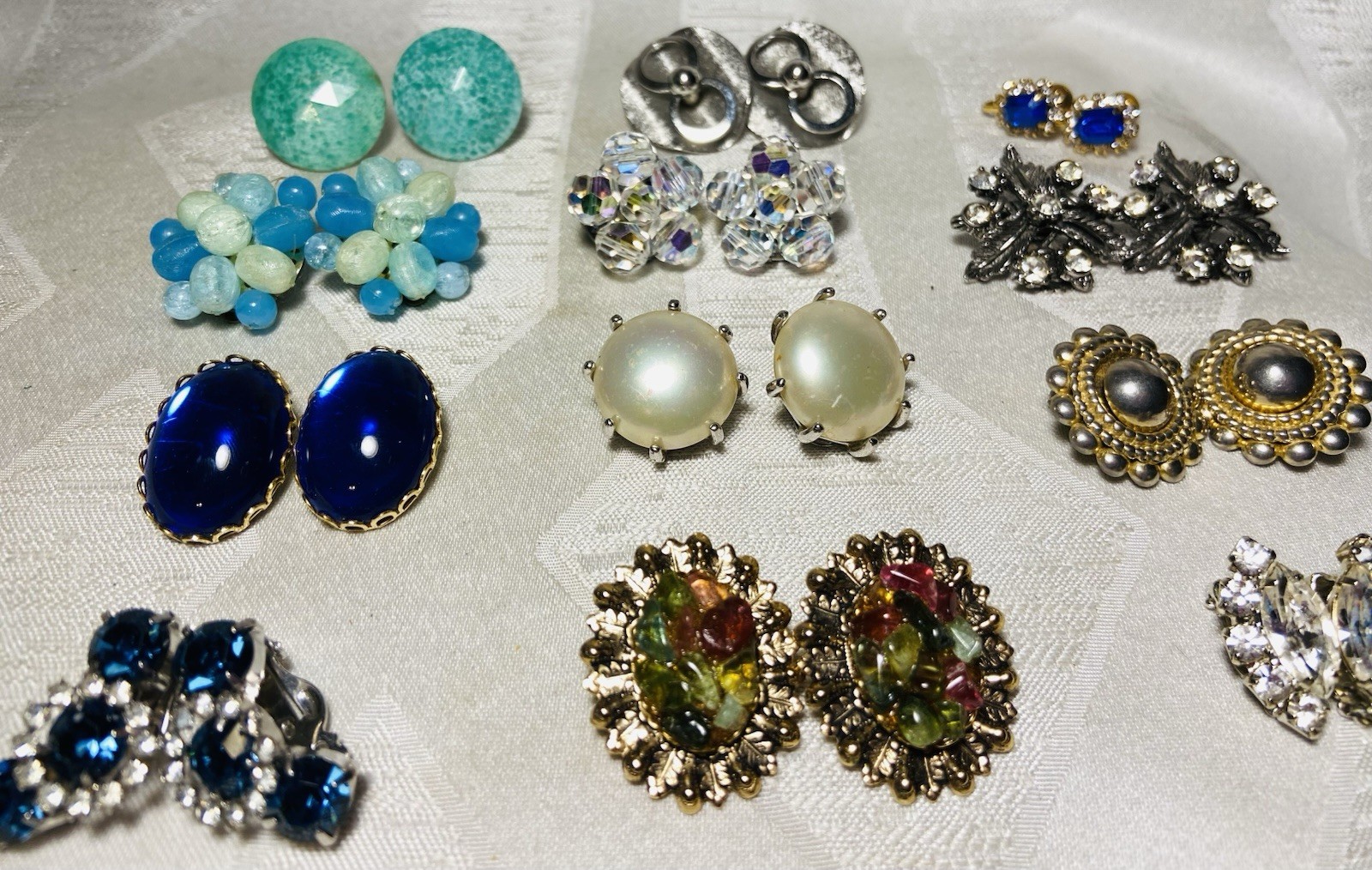 Vintage Earrings Lot 15 Pairs Clip On Screw Back Rhinestone Beaded Signed