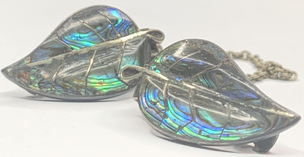 Vintage Sterling 925 Taxco Mex Abalone Leaf 1” Cardigan Sweater Brooch Clips 8G