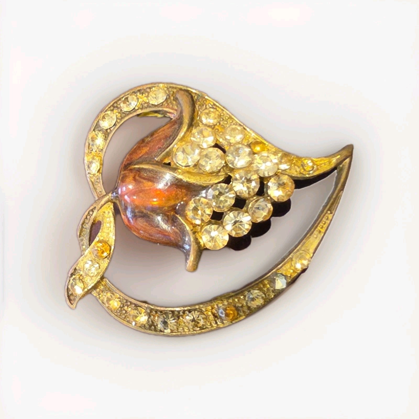 Vintage Gold Tone Tulip Grape Cluster Rhinestone Brooch Pin Enamel Crescent